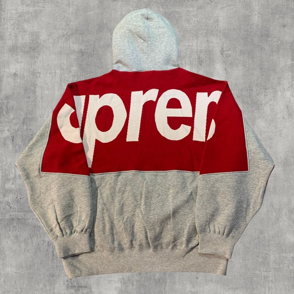 Supreme Big Logo Jacquard Hooded Sweatshirt Mens M Heather Grey Red FW23 NWT - Picture 2 of 7